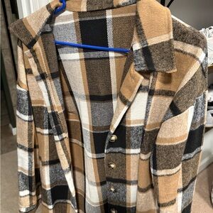 Plaid Button-Front Shacket Jacket in Camel, Black & Cream